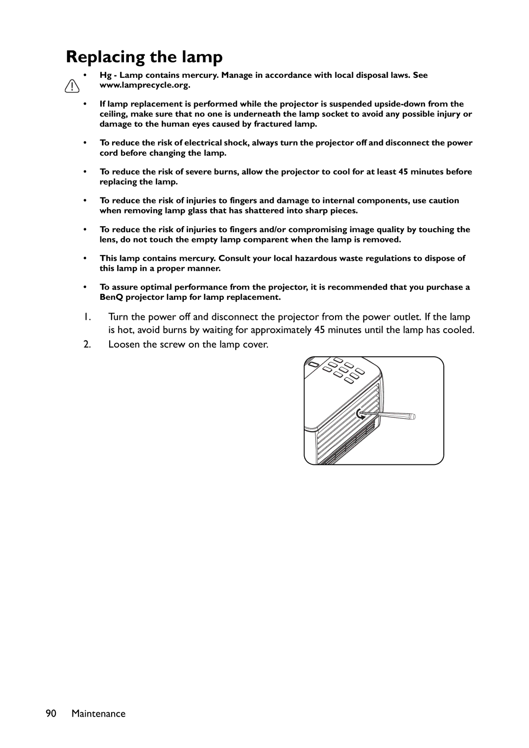 BenQ MX766, MW767, MX822ST user manual Replacing the lamp 