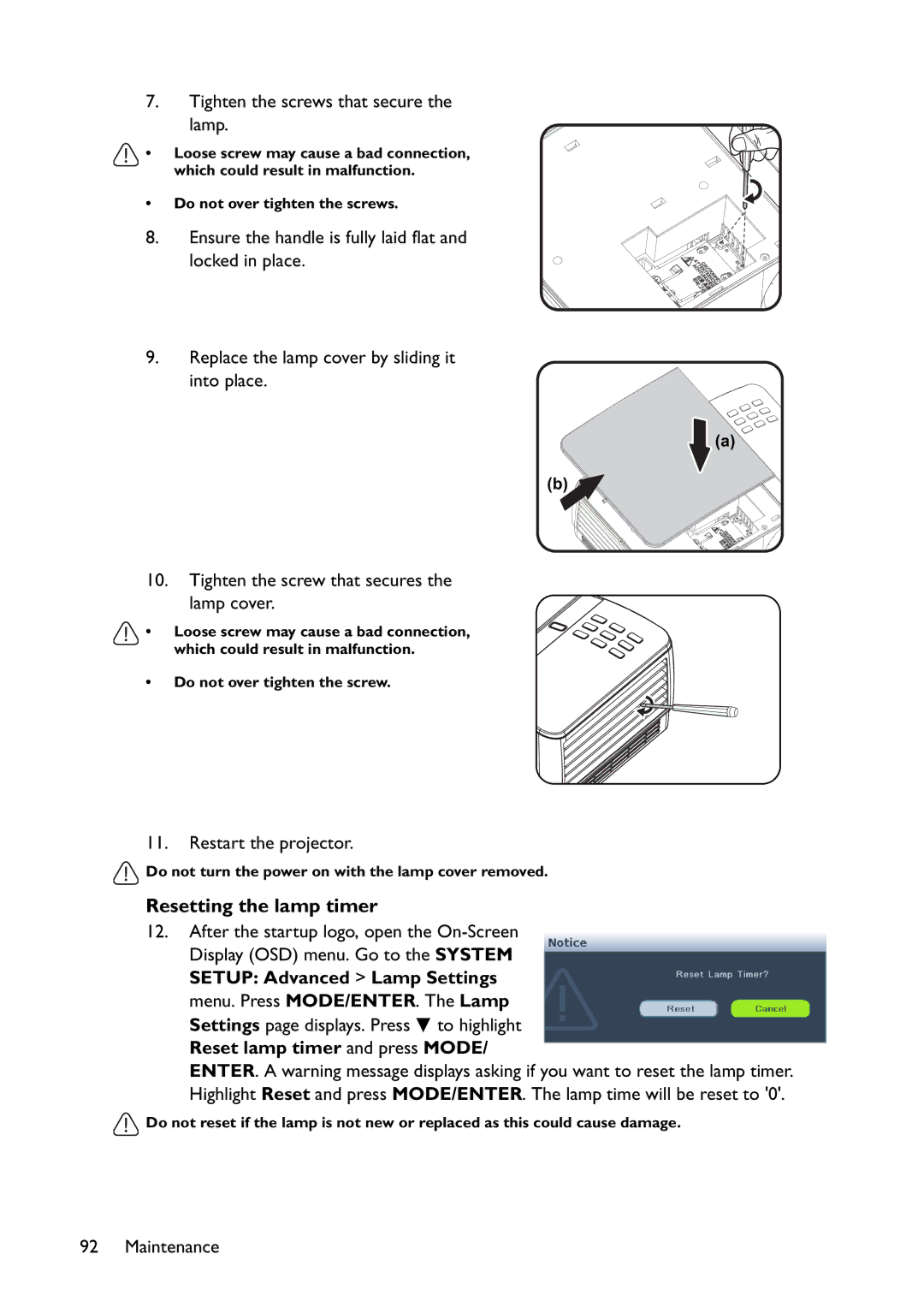 BenQ MX822ST, MX766, MW767 user manual Resetting the lamp timer, Tighten the screws that secure Lamp 