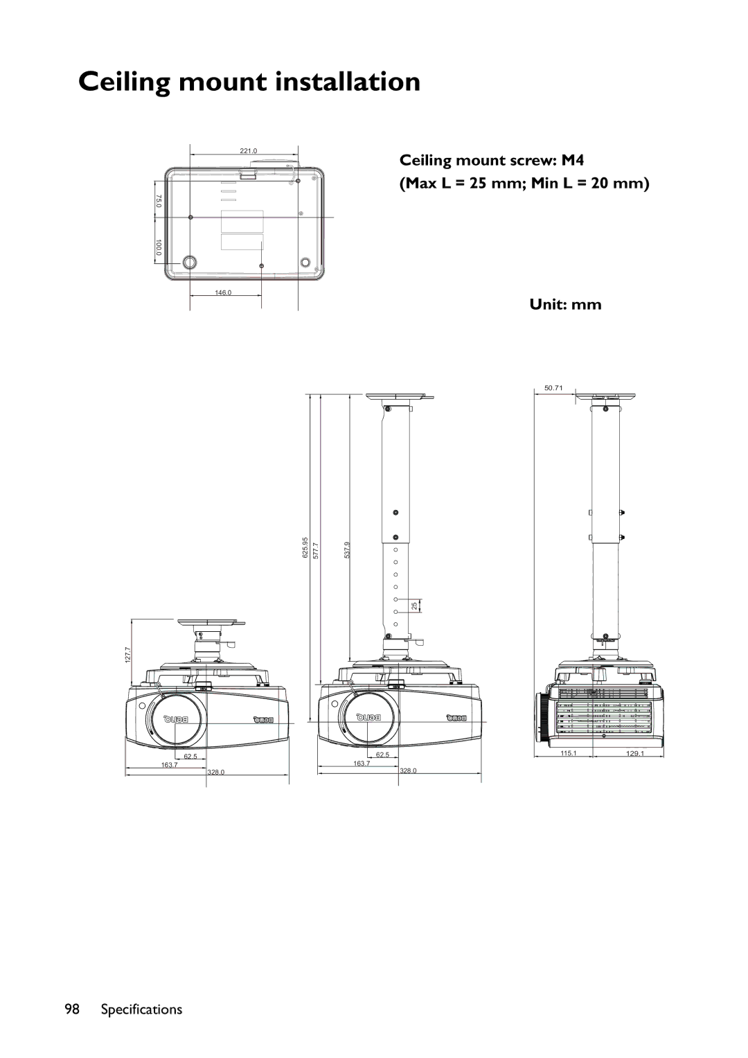 BenQ MX822ST, MX766, MW767 user manual Ceiling mount installation, Ceiling mount screw M4 Max L = 25 mm Min L = 20 mm Unit mm 