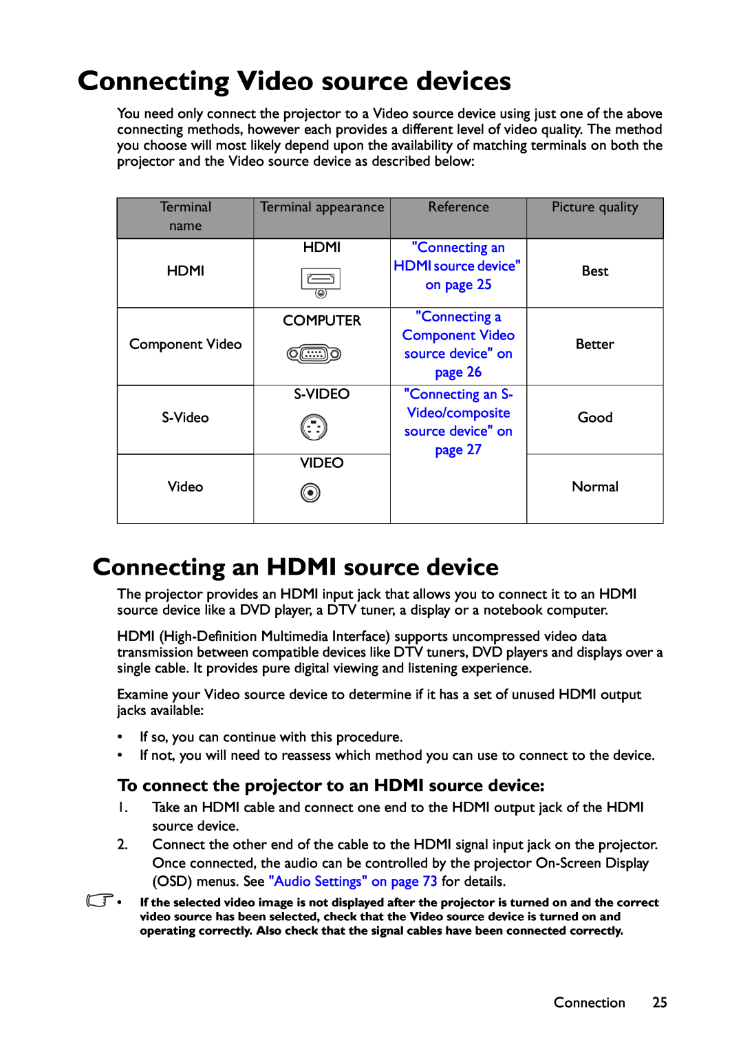 BenQ MW767, MX766, MX822ST user manual Connecting Video source devices, Connecting an HDMI source device 