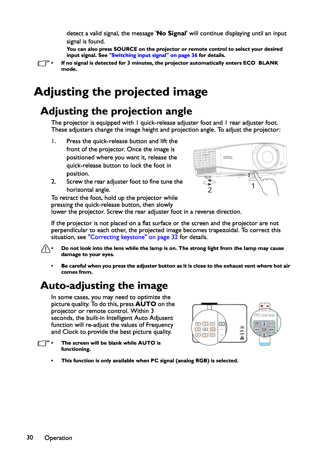 BenQ MX766, MW767, MX822ST Adjusting the projected image, Adjusting the projection angle, Auto-adjusting the image 