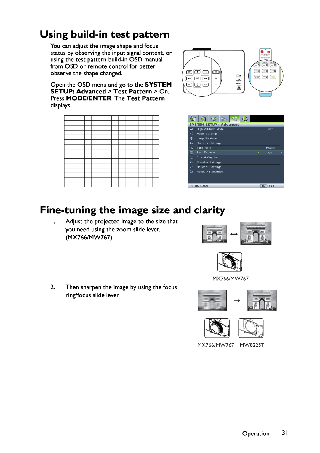 BenQ MX822ST user manual Using build-in test pattern, Fine-tuning the image size and clarity, MX766/MW767 MW822ST 
