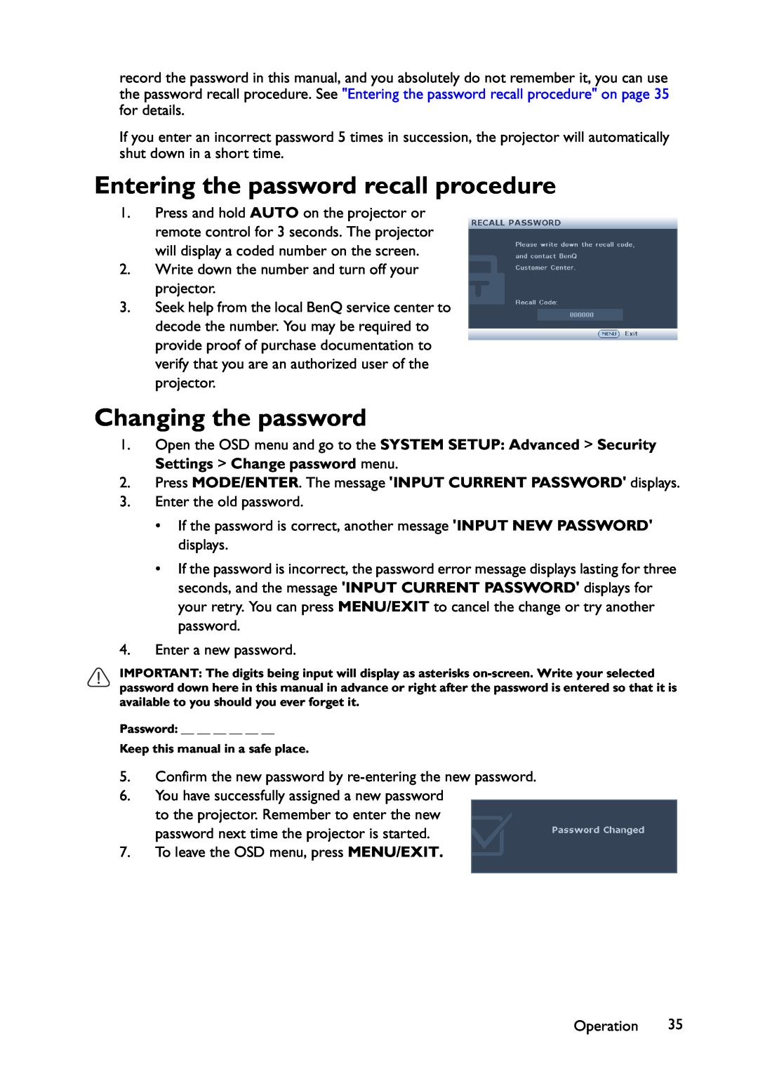 BenQ MX822ST, MX766, MW767 user manual Entering the password recall procedure, Changing the password 