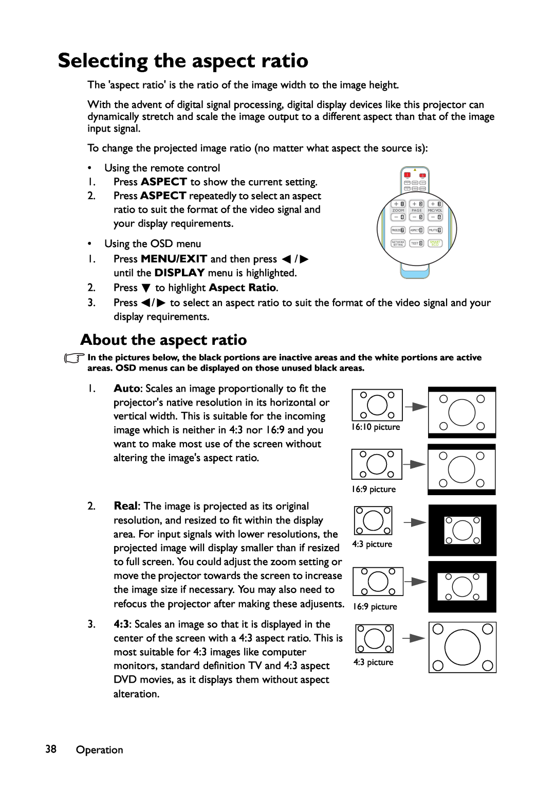 BenQ MX822ST, MX766, MW767 user manual Selecting the aspect ratio, About the aspect ratio 