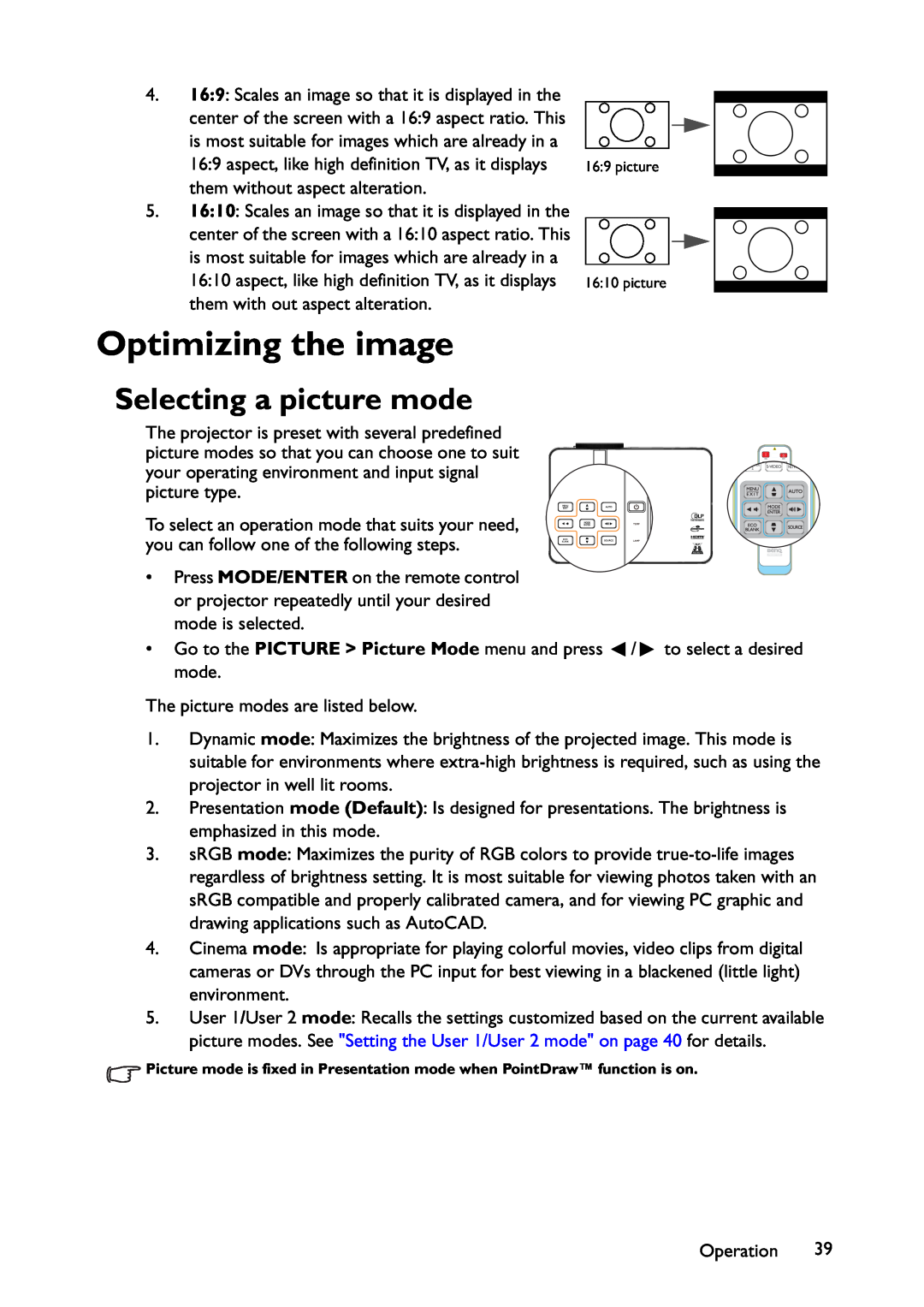 BenQ MX766, MW767, MX822ST user manual Optimizing the image, Selecting a picture mode 