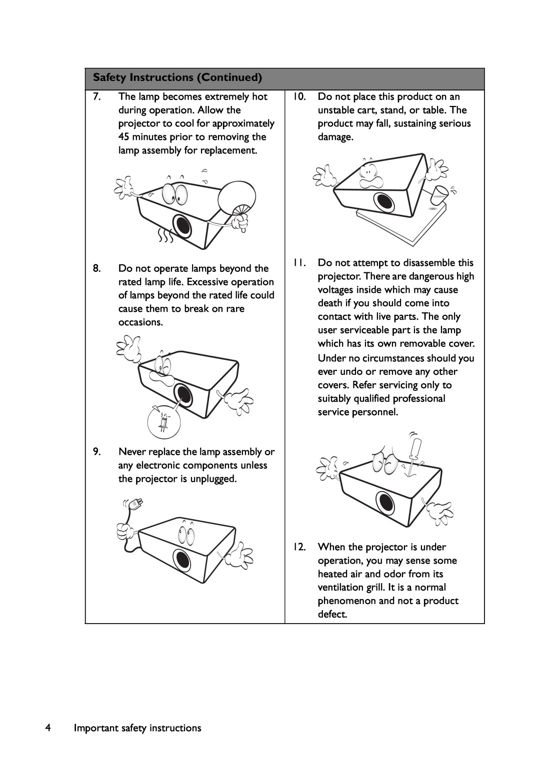 BenQ MW767, MX766, MX822ST user manual Safety Instructions Continued 