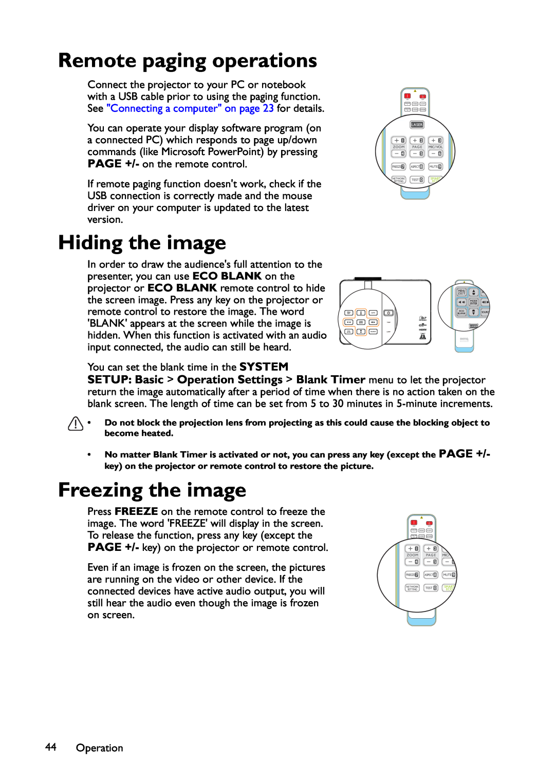 BenQ MX822ST, MX766, MW767 user manual Remote paging operations, Hiding the image, Freezing the image 