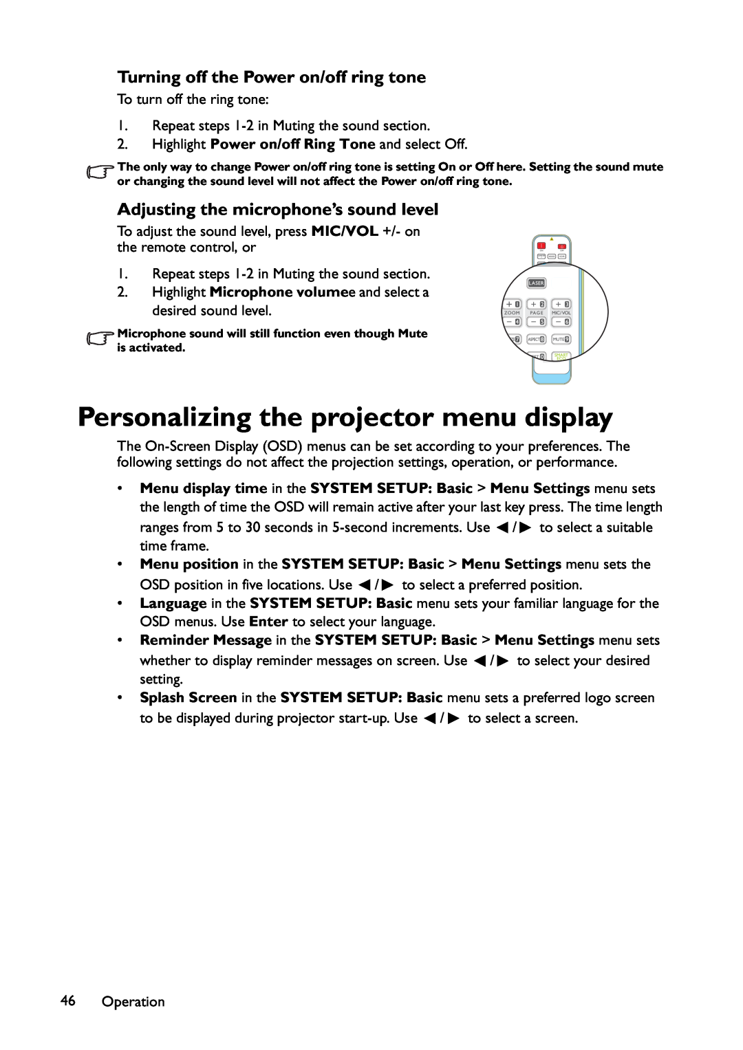 BenQ MW767, MX766, MX822ST user manual Personalizing the projector menu display, Turning off the Power on/off ring tone 