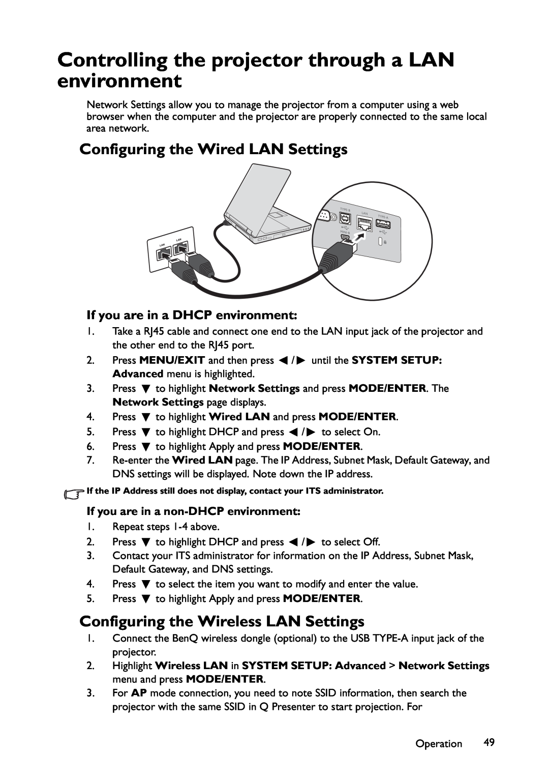 BenQ MW767, MX766, MX822ST Controlling the projector through a LAN environment, Configuring the Wired LAN Settings 