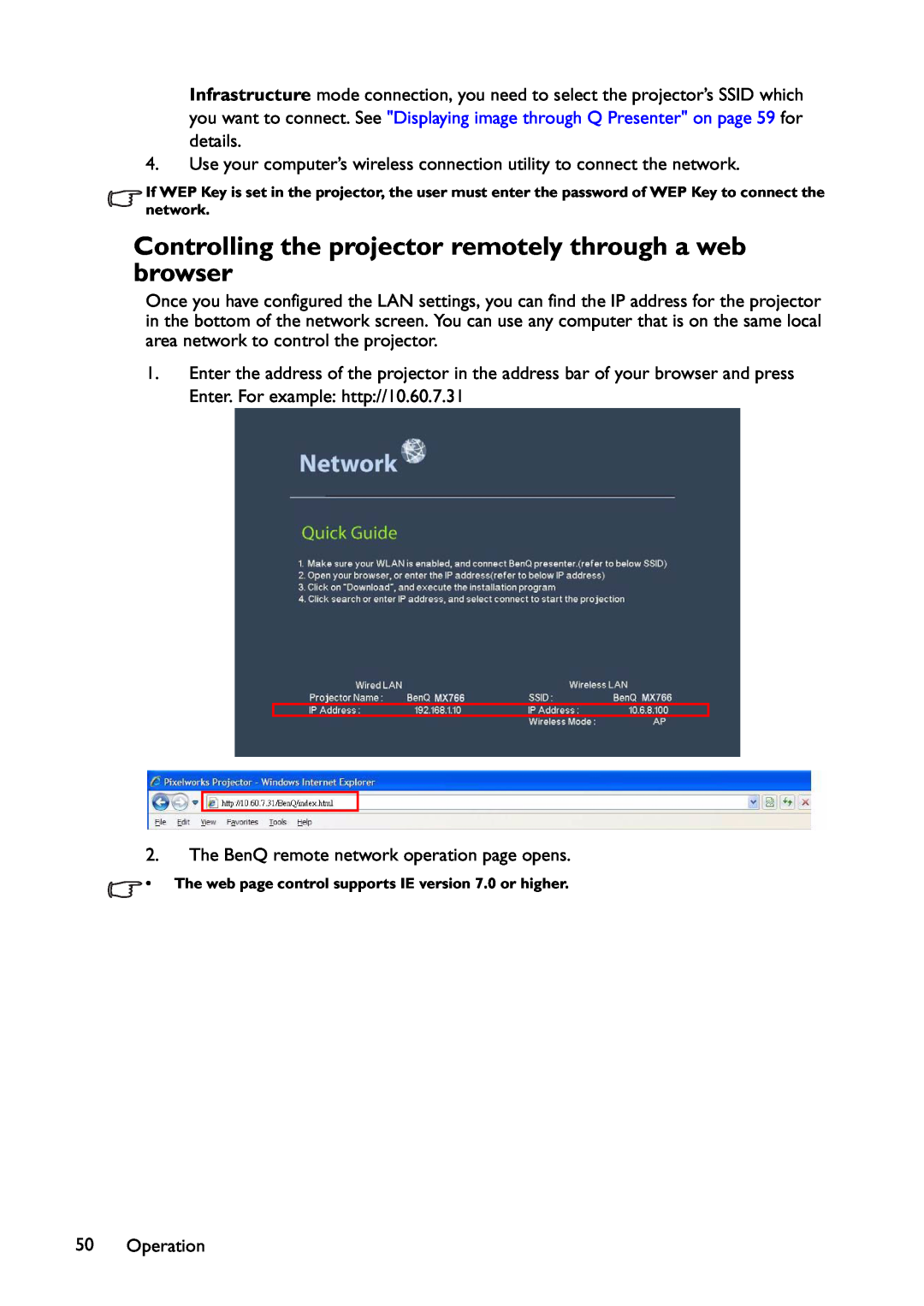 BenQ MX822ST, MX766, MW767 user manual Controlling the projector remotely through a web browser 