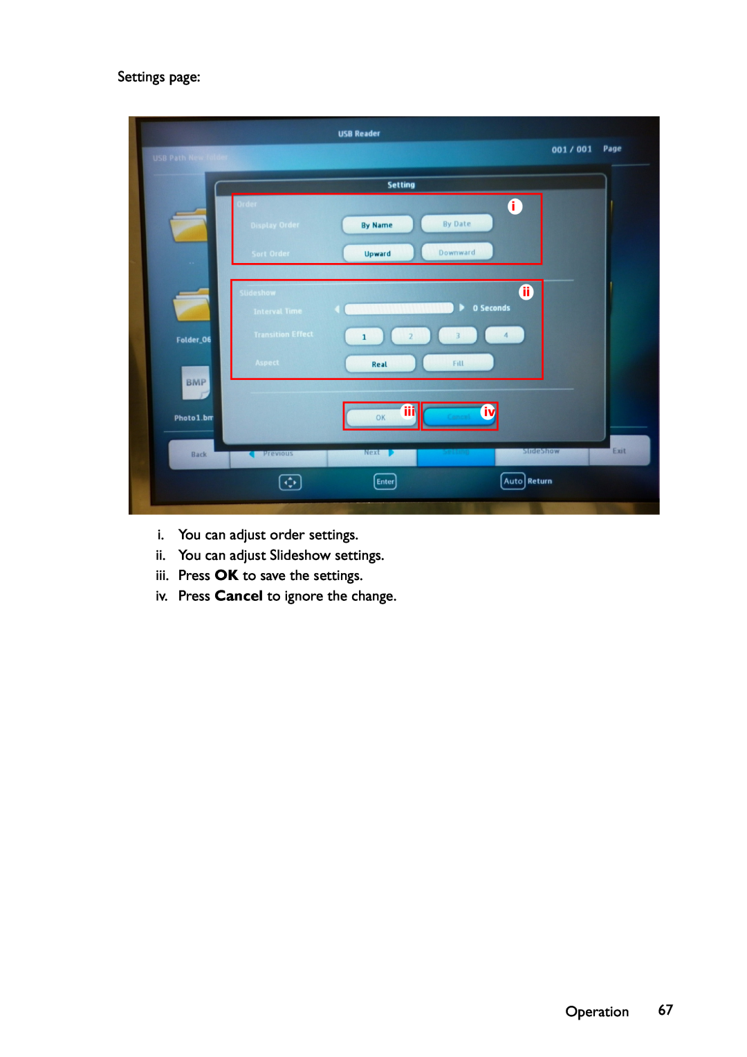 BenQ MW767, MX766 Settings page, i. You can adjust order settings, ii. You can adjust Slideshow settings, Operation, i ii 