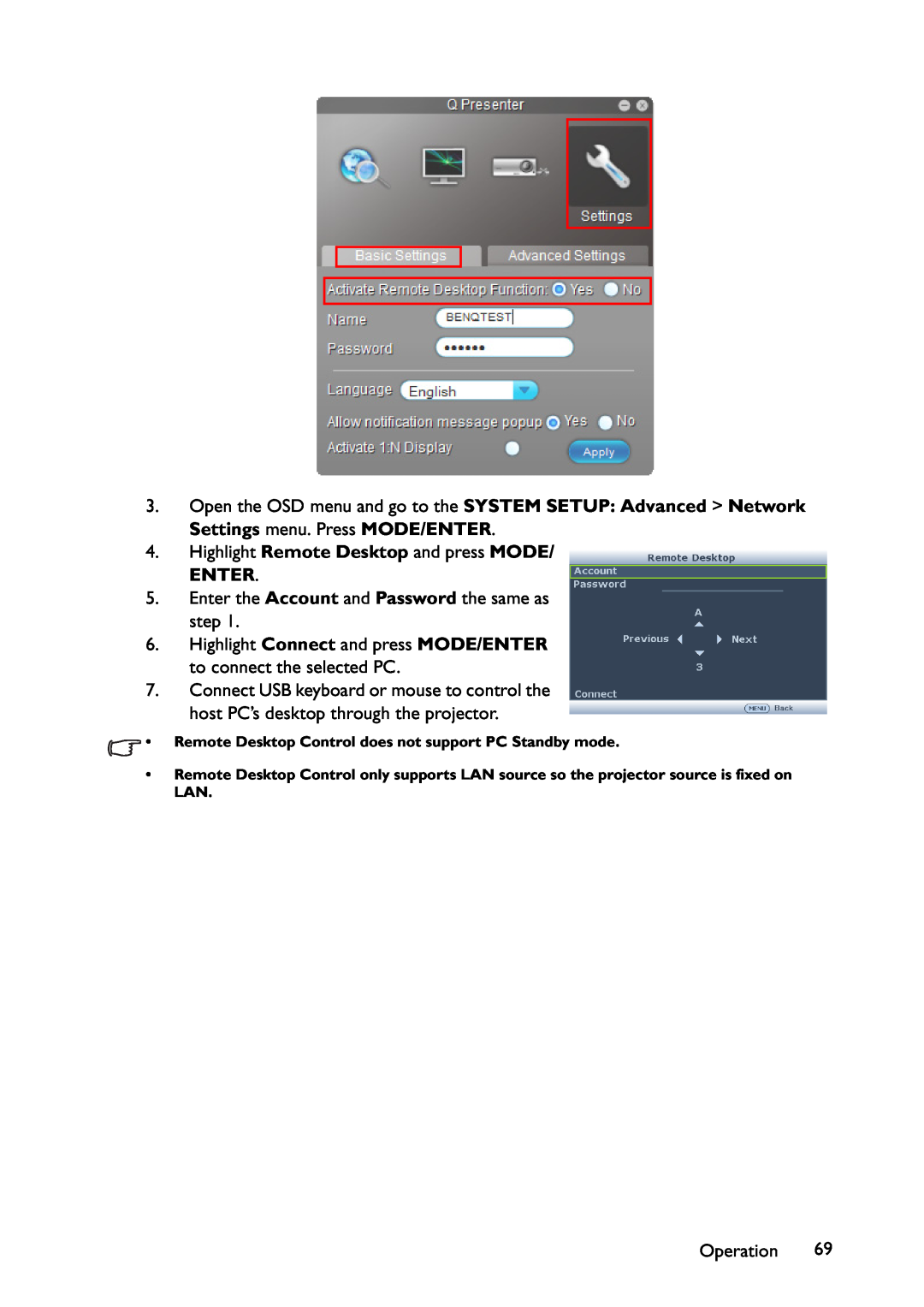 BenQ MX766, MW767, MX822ST user manual Enter, Remote Desktop Control does not support PC Standby mode 