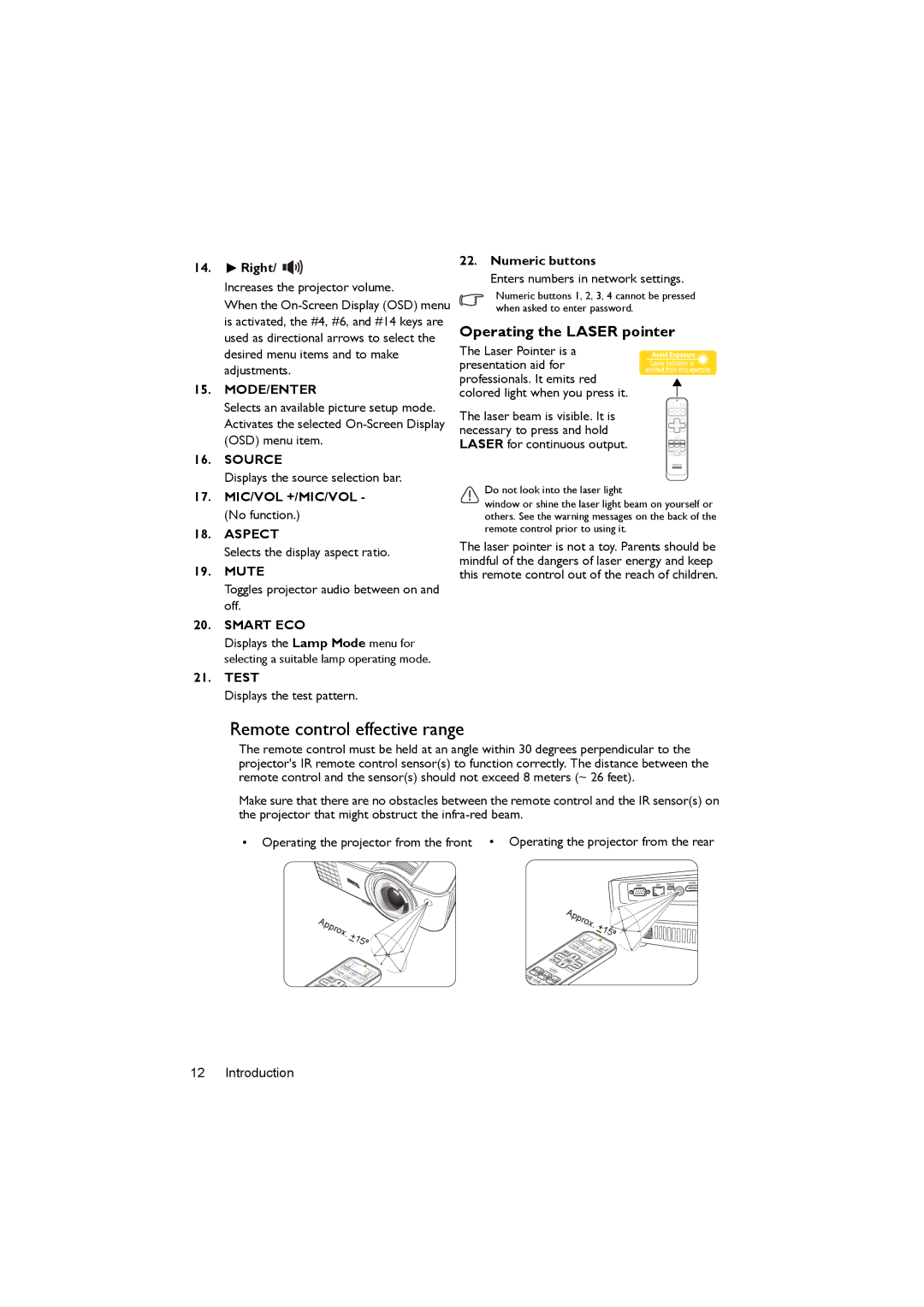 BenQ MX820ST, MX819ST, MX818ST user manual Remote control effective range, Operating the Laser pointer 