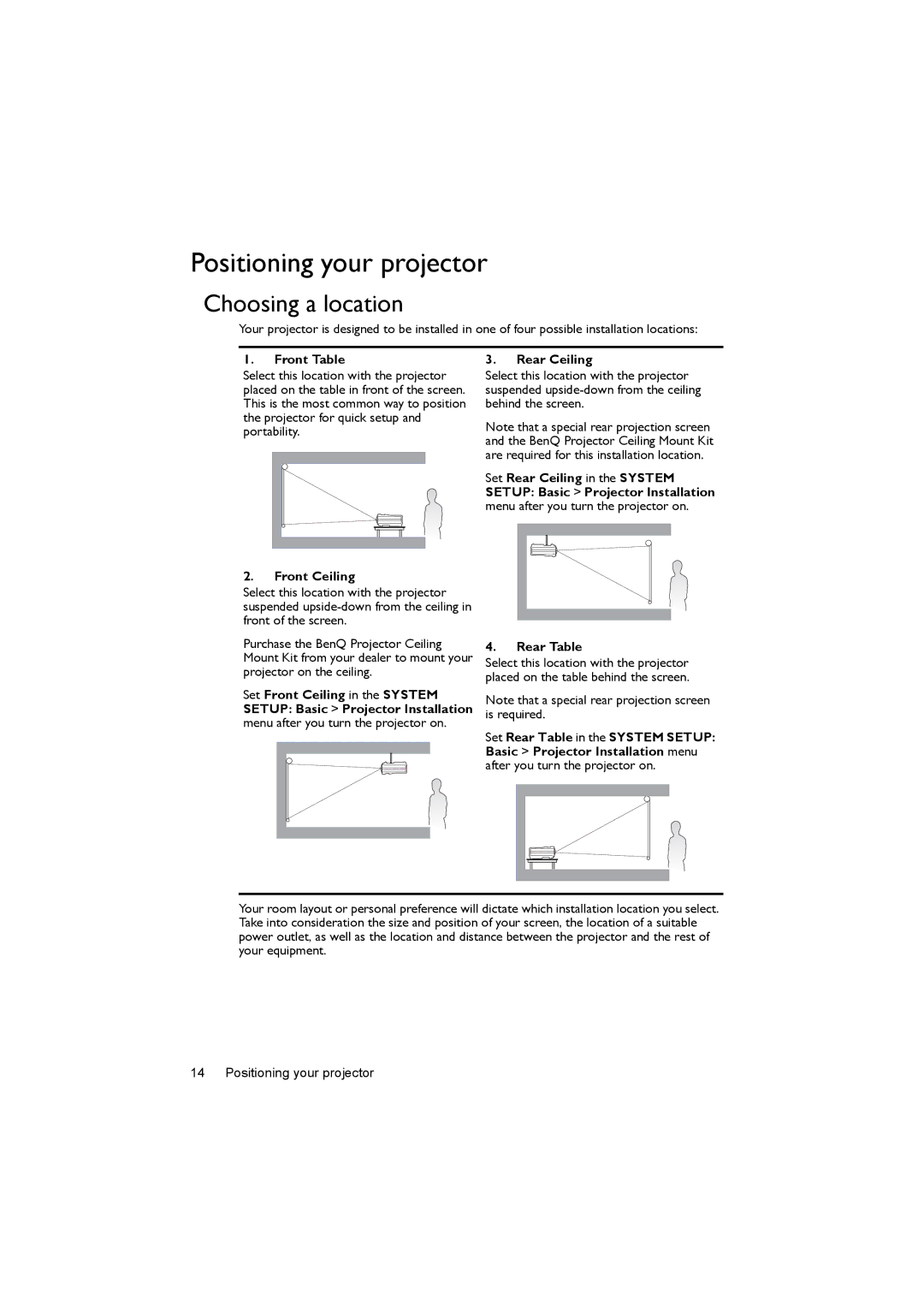 BenQ MX818ST, MX820ST, MX819ST user manual Positioning your projector, Choosing a location, Front Table, Front Ceiling 