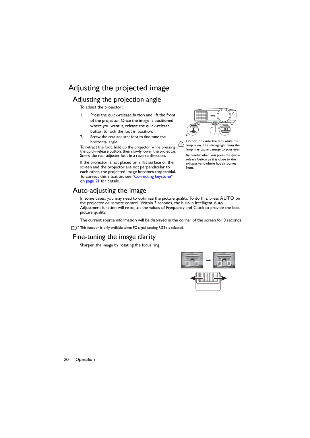 BenQ MX818ST, MX820ST, MX819ST Adjusting the projected image, Adjusting the projection angle, Auto-adjusting the image 