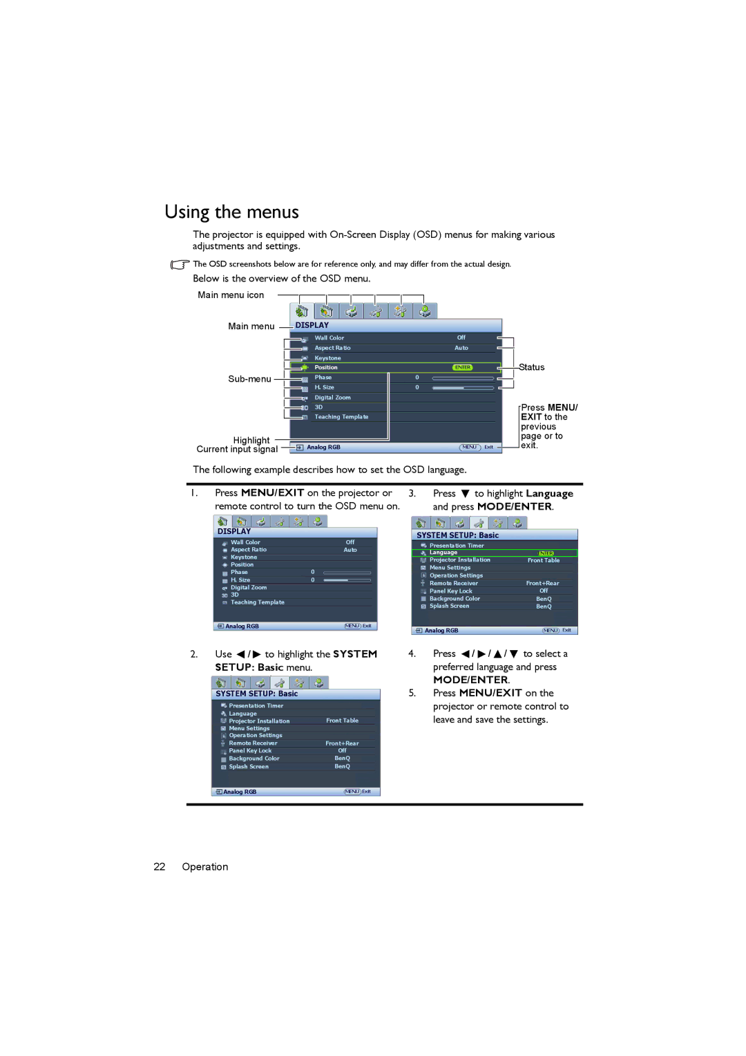 BenQ MX819ST, MX820ST, MX818ST user manual Using the menus, Below is the overview of the OSD menu 