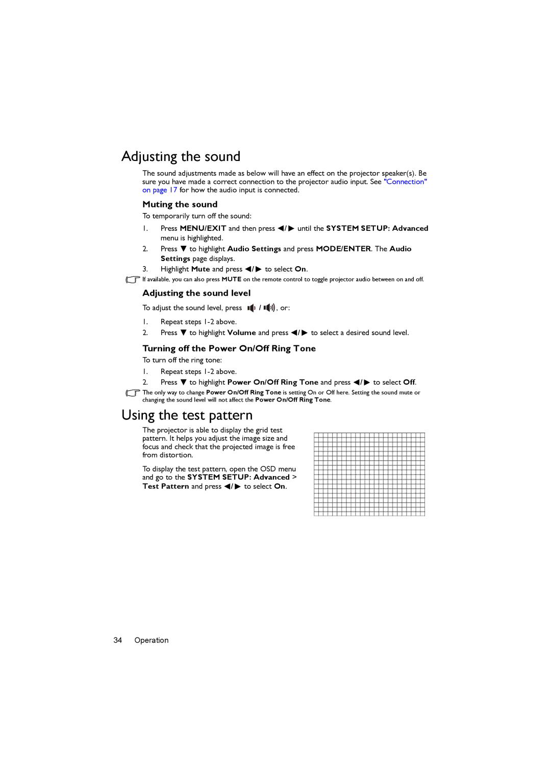 BenQ MX819ST, MX820ST, MX818ST user manual Using the test pattern, Muting the sound, Adjusting the sound level 