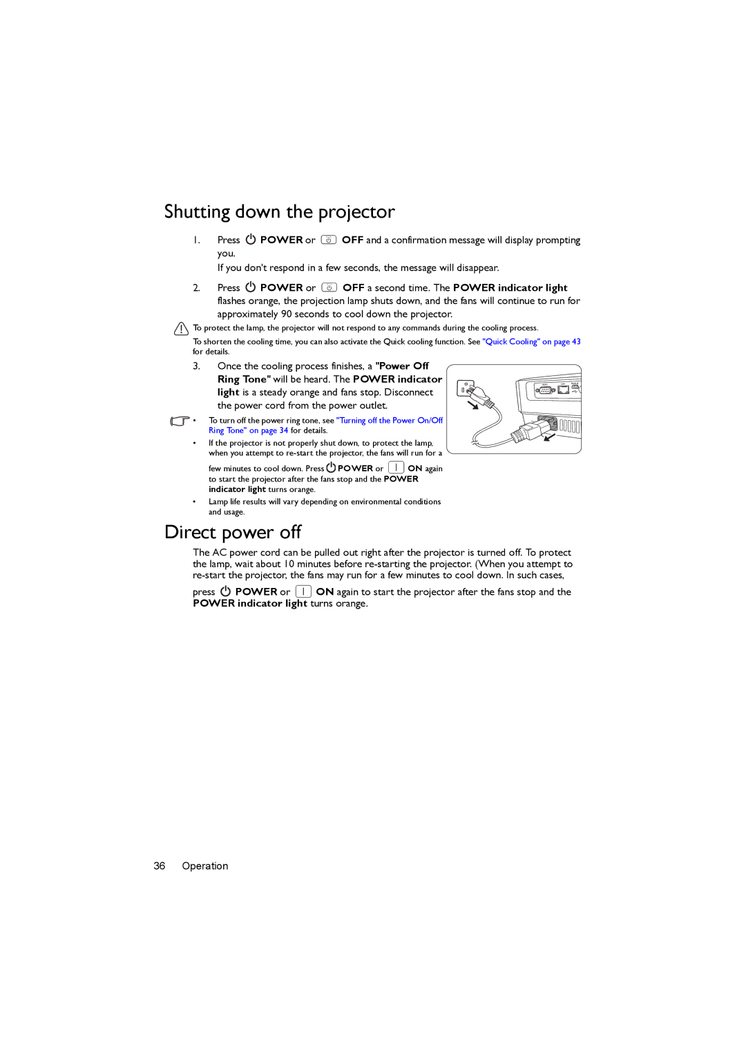 BenQ MX820ST, MX819ST, MX818ST user manual Shutting down the projector, Direct power off 