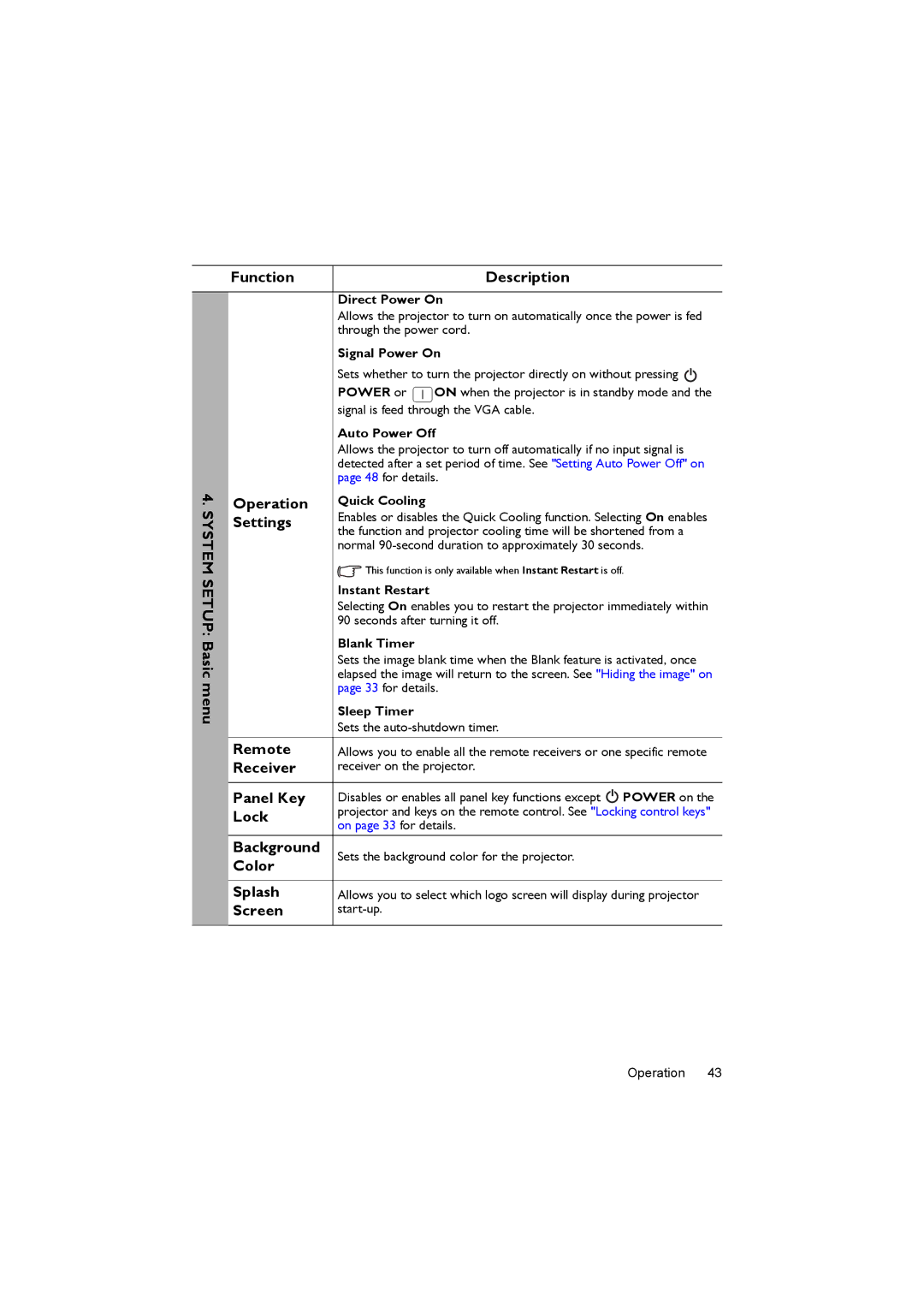 BenQ MX819ST System Setup Basic menu, Function Description, Operation, Remote, Receiver, Panel Key, Lock, Background 