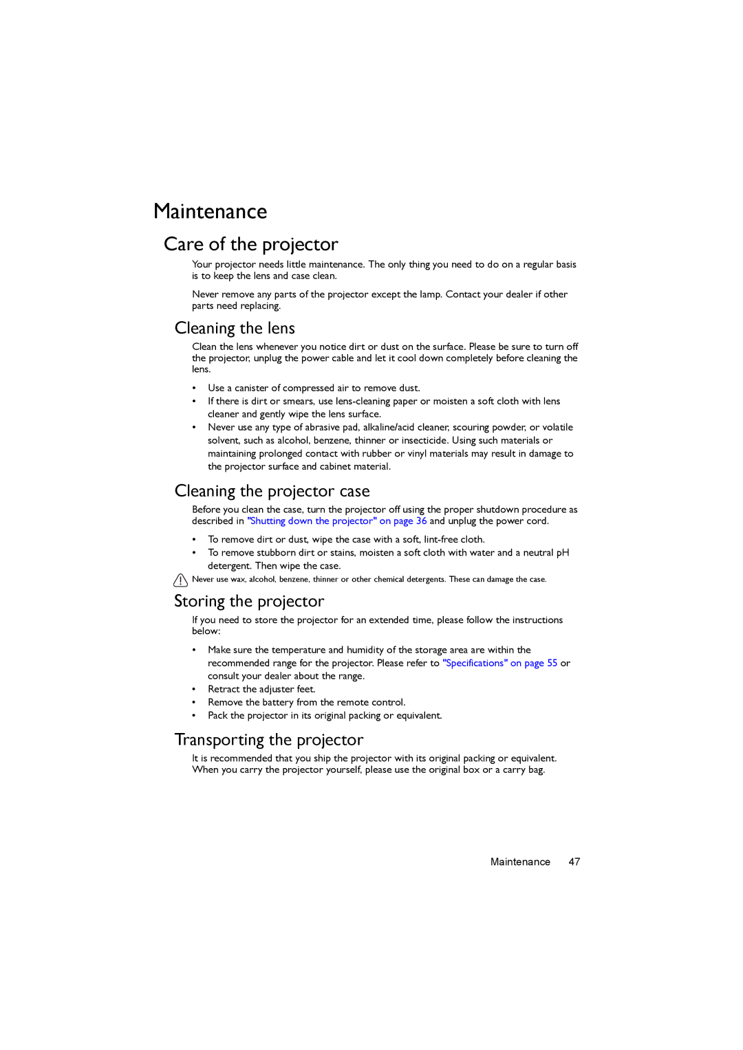 BenQ MX818ST, MX820ST, MX819ST user manual Maintenance, Care of the projector 