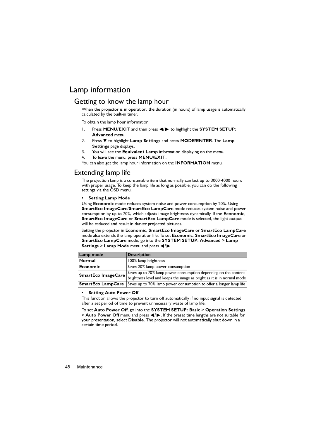 BenQ MX820ST, MX819ST, MX818ST user manual Lamp information, Getting to know the lamp hour, Extending lamp life 