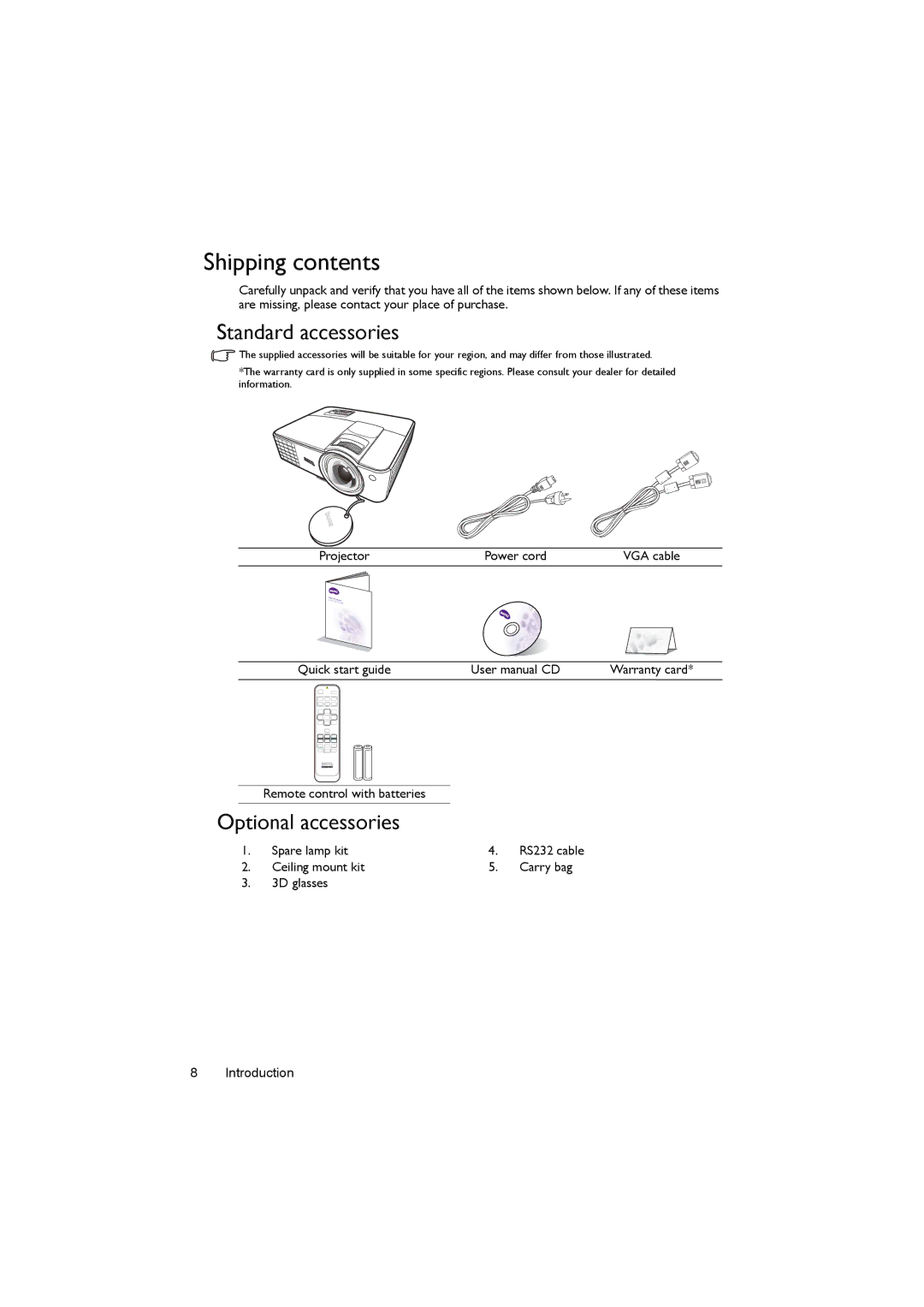 BenQ MX818ST, MX820ST, MX819ST user manual Shipping contents 