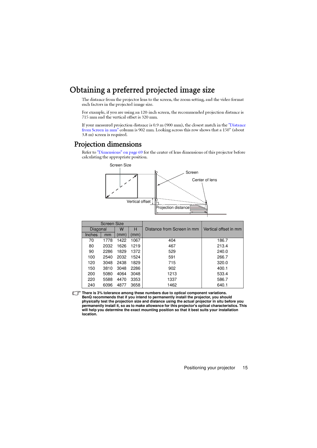 BenQ MX880UST user manual Obtaining a preferred projected image size, Projection dimensions 