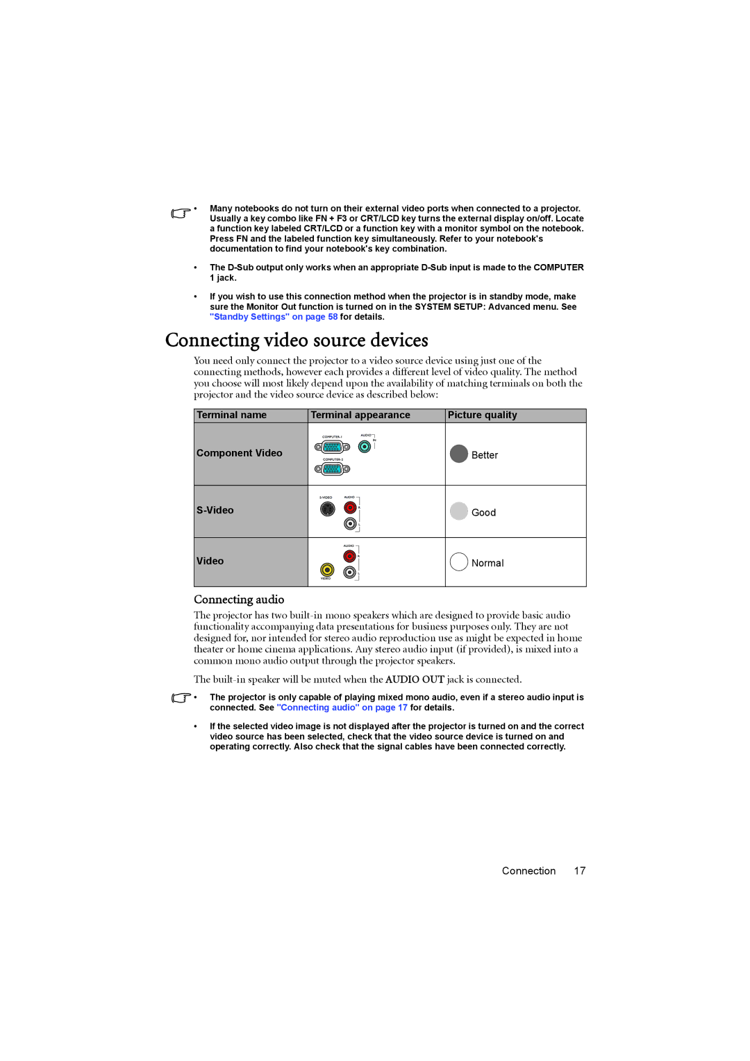 BenQ MX880UST user manual Connecting video source devices, Connecting audio, Terminal name Terminal appearance 