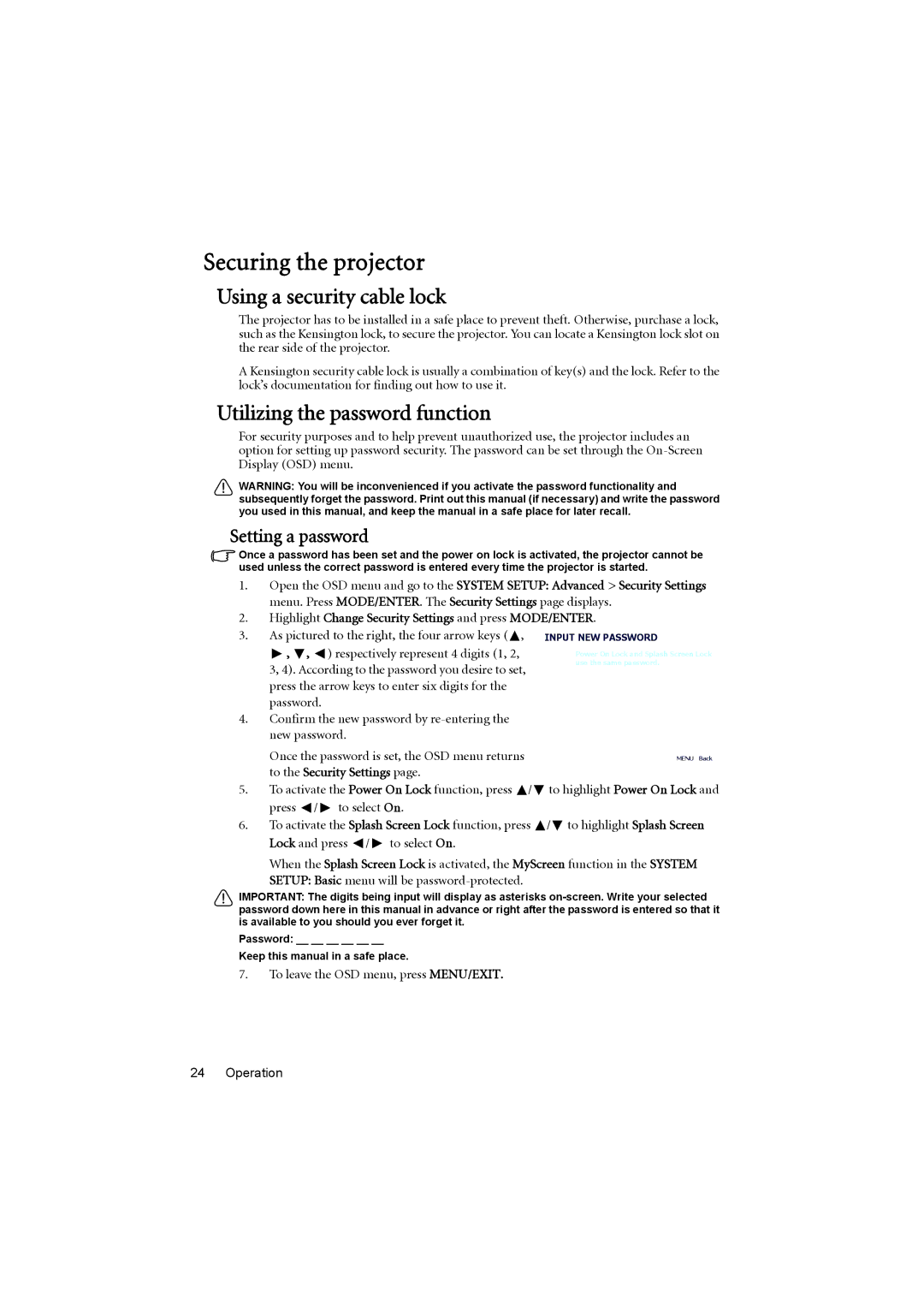 BenQ MX880UST Securing the projector, Using a security cable lock, Utilizing the password function, Setting a password 