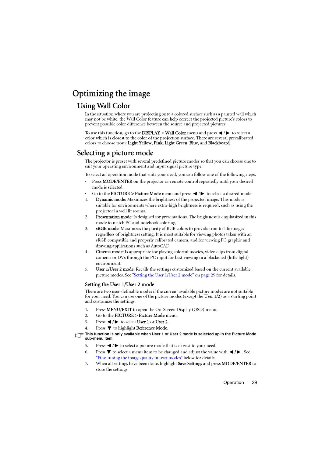 BenQ MX880UST user manual Optimizing the image, Using Wall Color, Selecting a picture mode, Setting the User 1/User 2 mode 