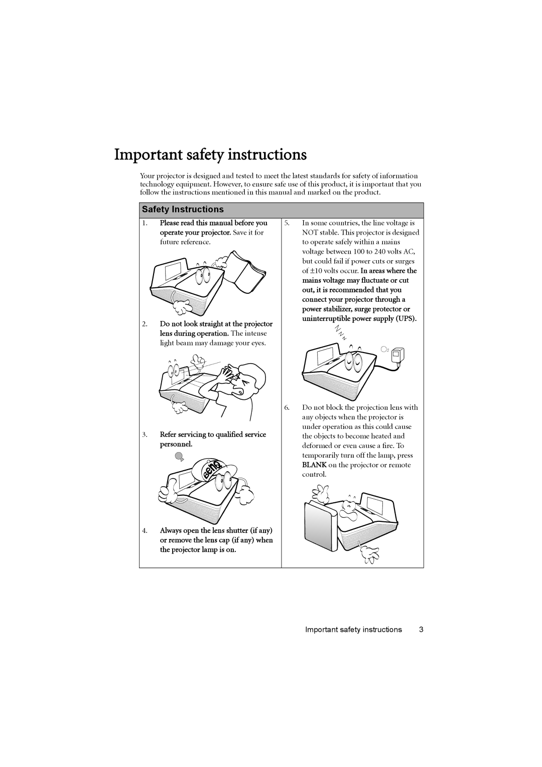 BenQ MX880UST Important safety instructions, Safety Instructions, Refer servicing to qualified service personnel 