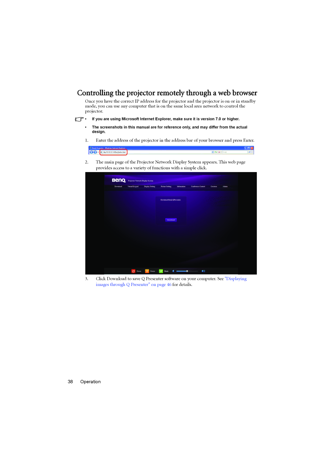 BenQ MX880UST user manual Controlling the projector remotely through a web browser 