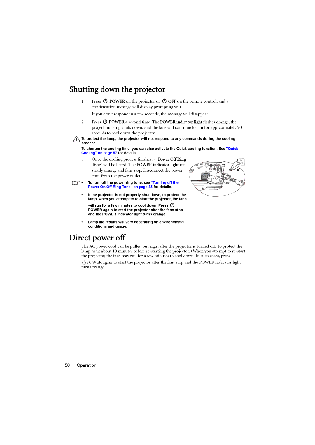 BenQ MX880UST user manual Shutting down the projector, Direct power off 