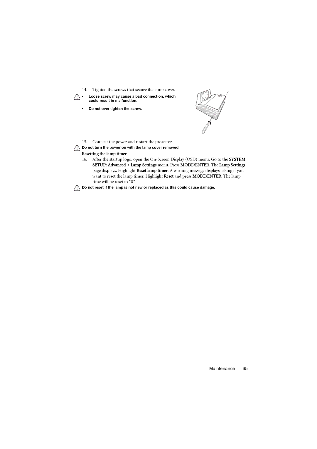 BenQ MX880UST user manual Tighten the screws that secure the lamp cover, Resetting the lamp timer 