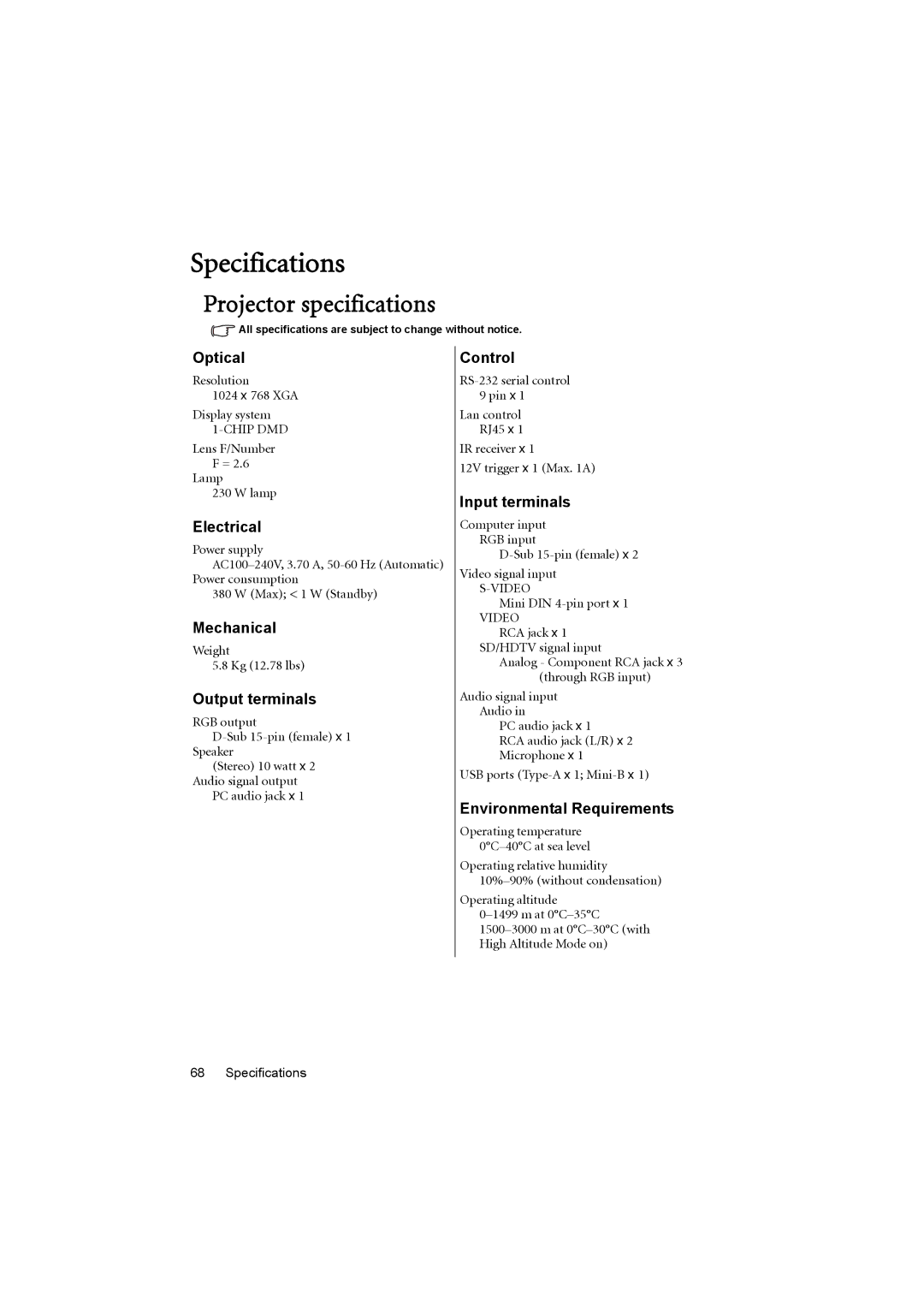 BenQ MX880UST user manual Specifications, Projector specifications 