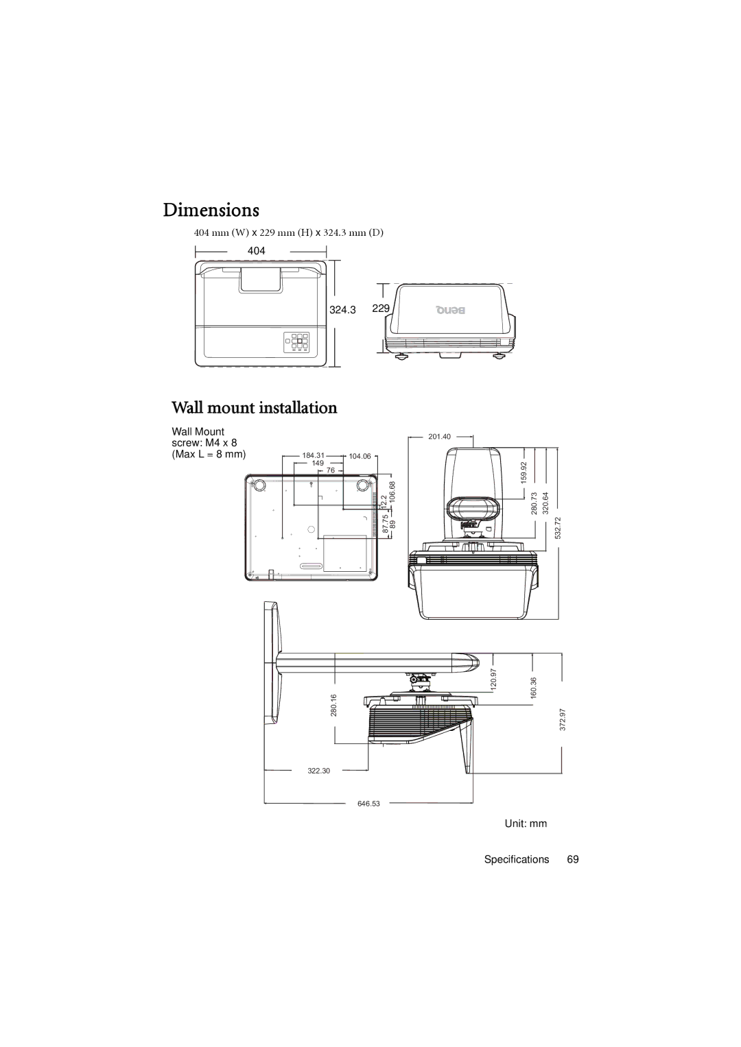 BenQ MX880UST user manual Dimensions, Wall mount installation 