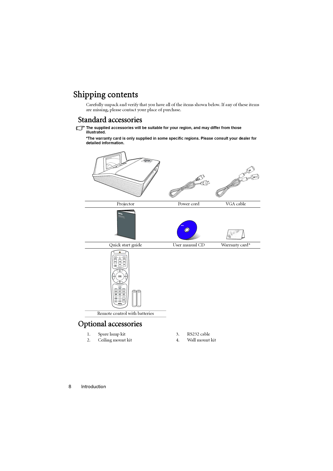 BenQ MX880UST user manual Shipping contents 