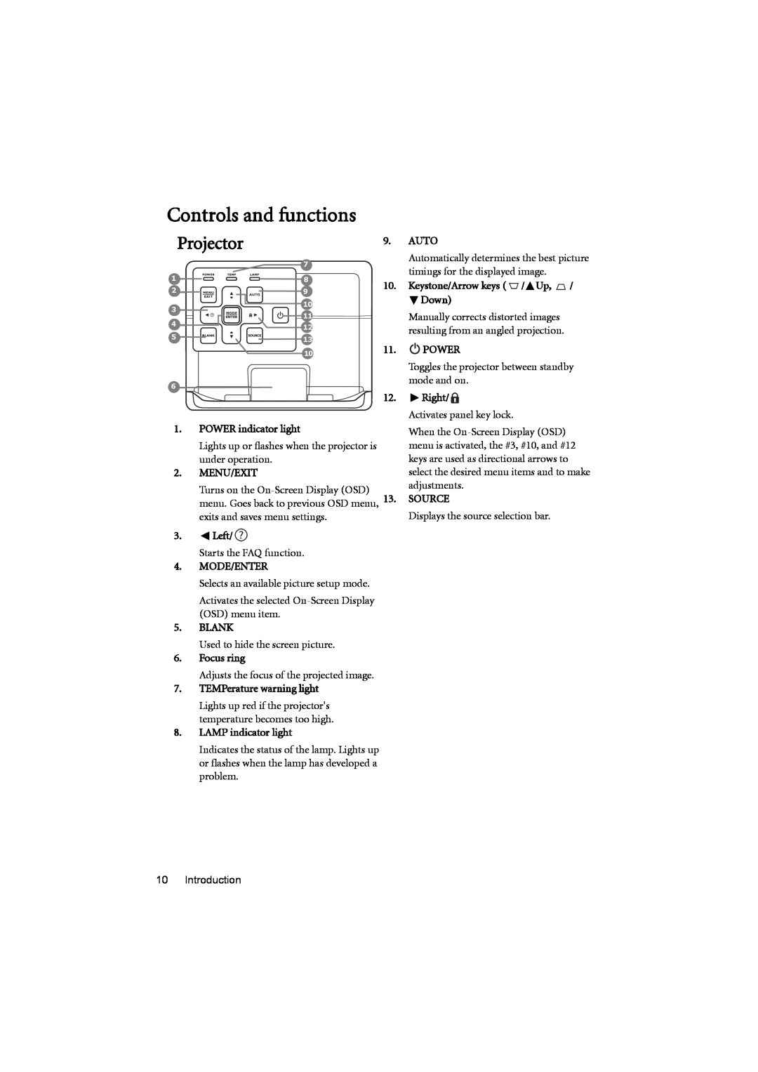 BenQ MX880UST user manual Controls and functions, Projector 