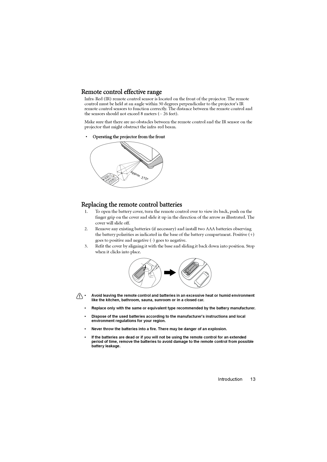 BenQ MX880UST user manual Remote control effective range, Replacing the remote control batteries 