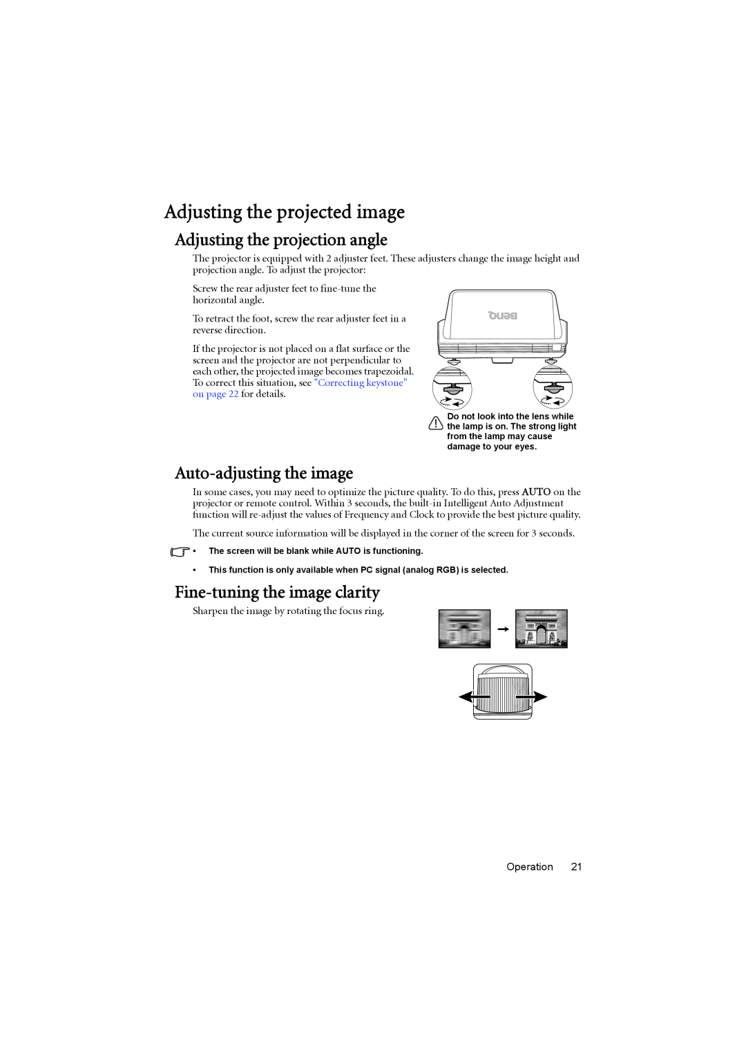 BenQ MX880UST user manual Adjusting the projected image, Adjusting the projection angle, Auto-adjusting the image 