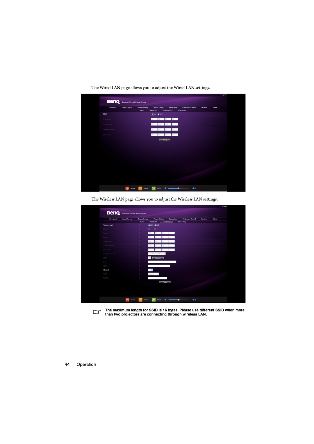 BenQ MX880UST user manual The Wired LAN page allows you to adjust the Wired LAN settings, Operation 