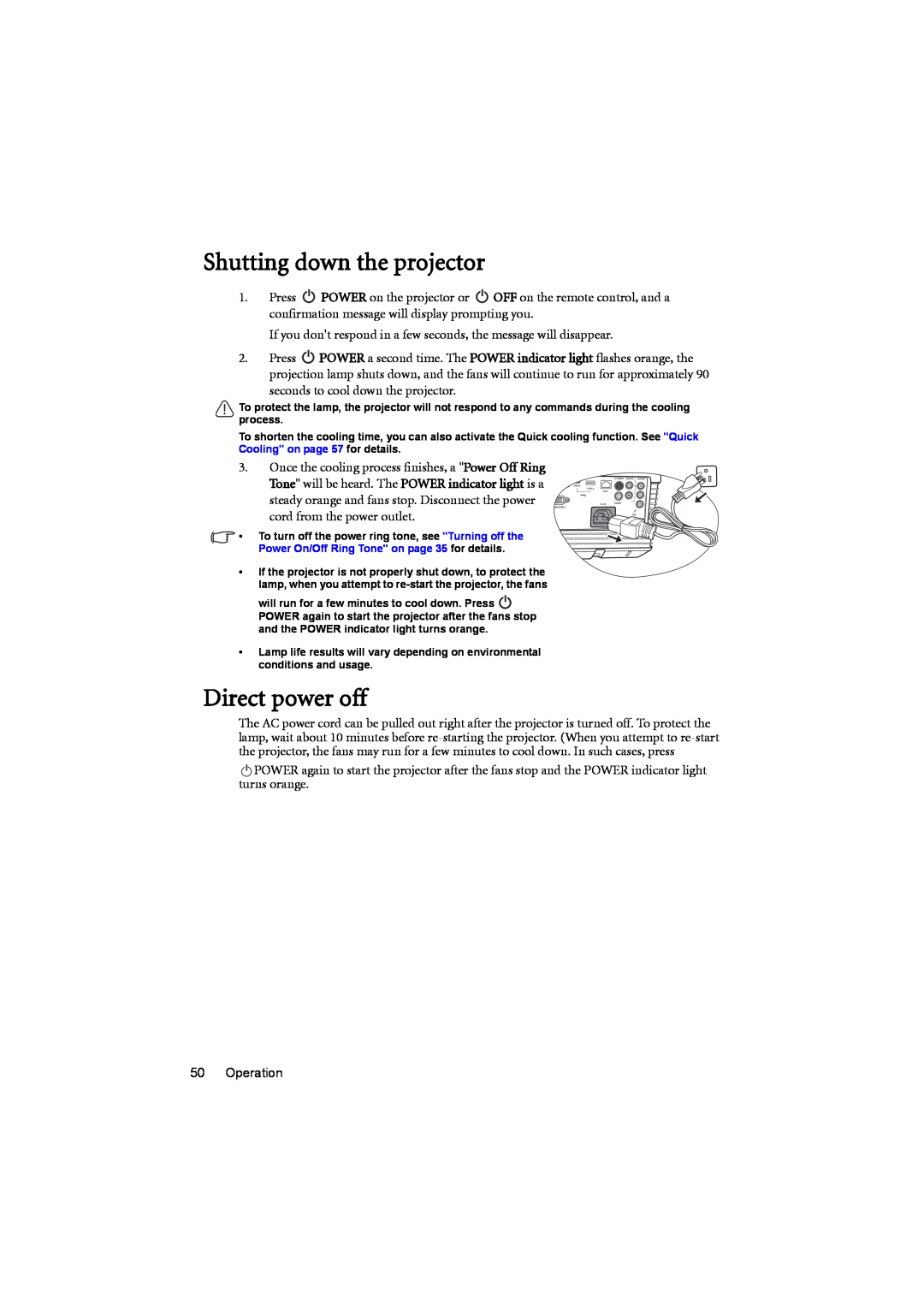 BenQ MX880UST user manual Shutting down the projector, Direct power off 