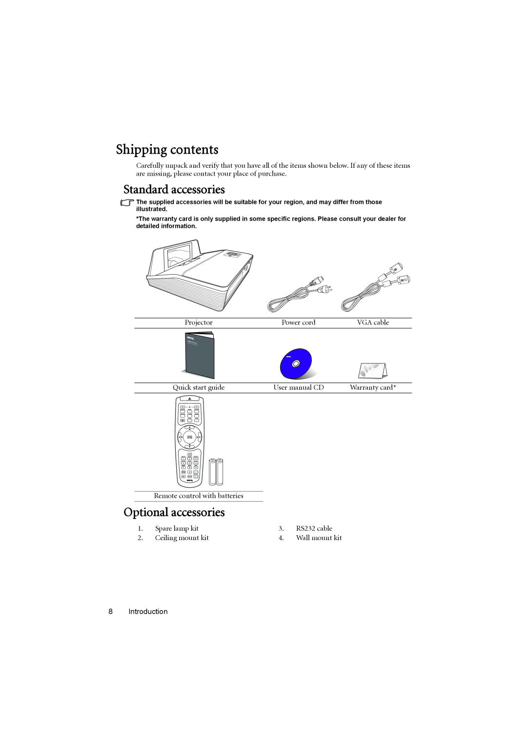 BenQ MX880UST user manual Shipping contents, Standard accessories, Optional accessories 