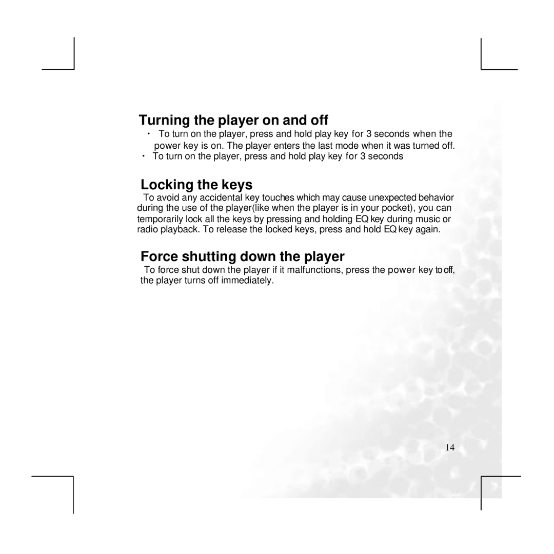 BenQ P330 user manual Turning the player on and off, Locking the keys, Force shutting down the player 