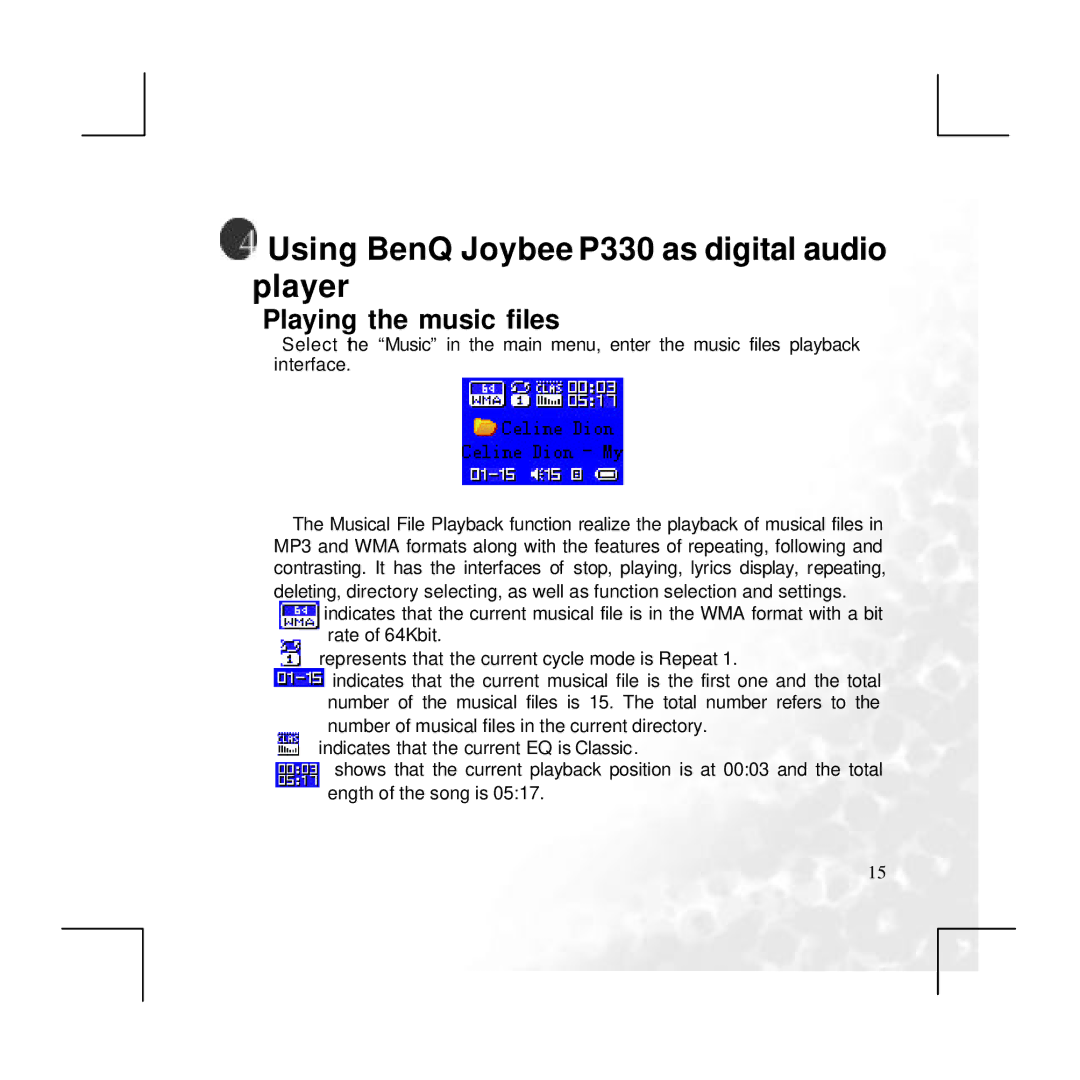 BenQ user manual Using BenQ Joybee P330 as digital audio player, Playing the music files 