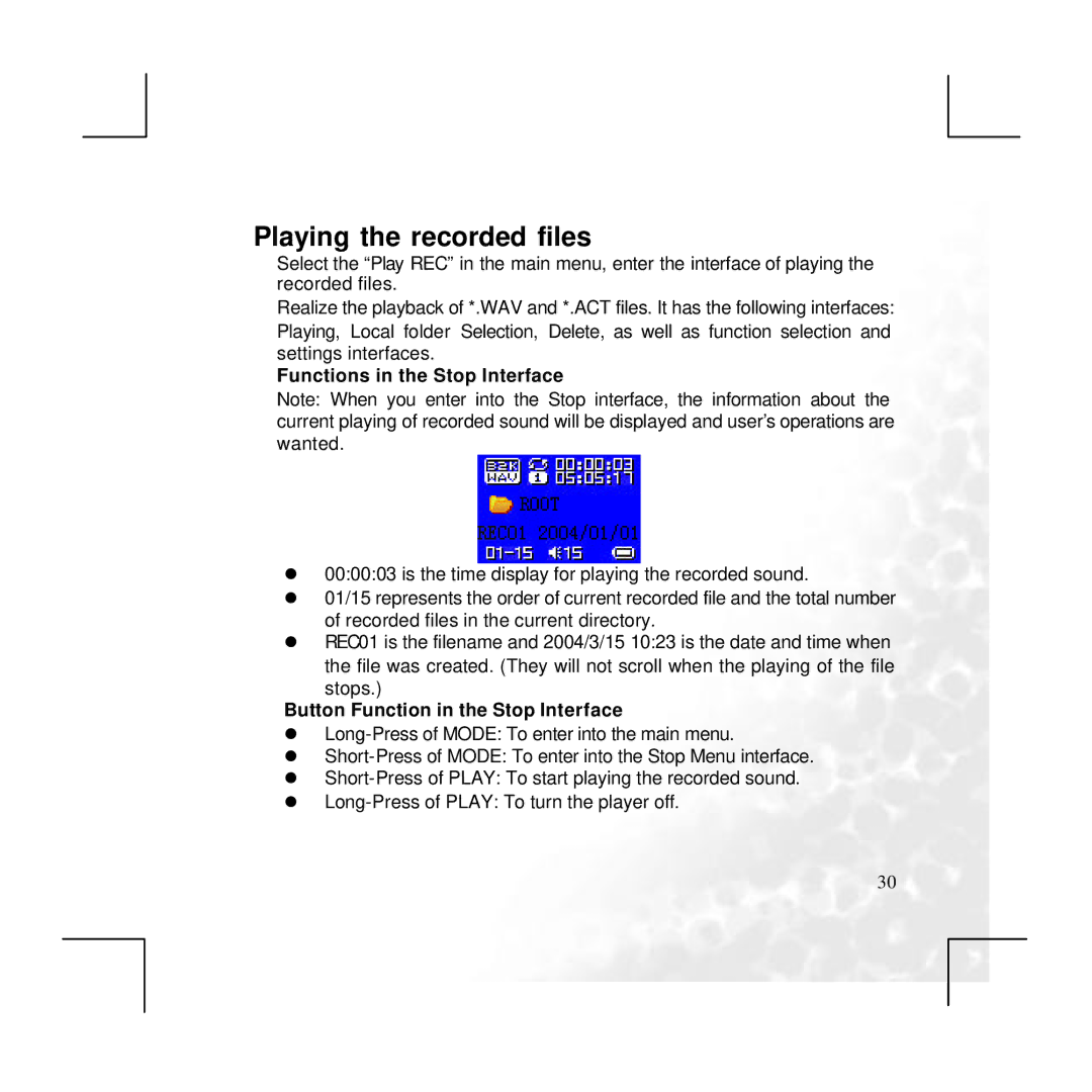 BenQ P330 user manual Playing the recorded files, Functions in the Stop Interface 