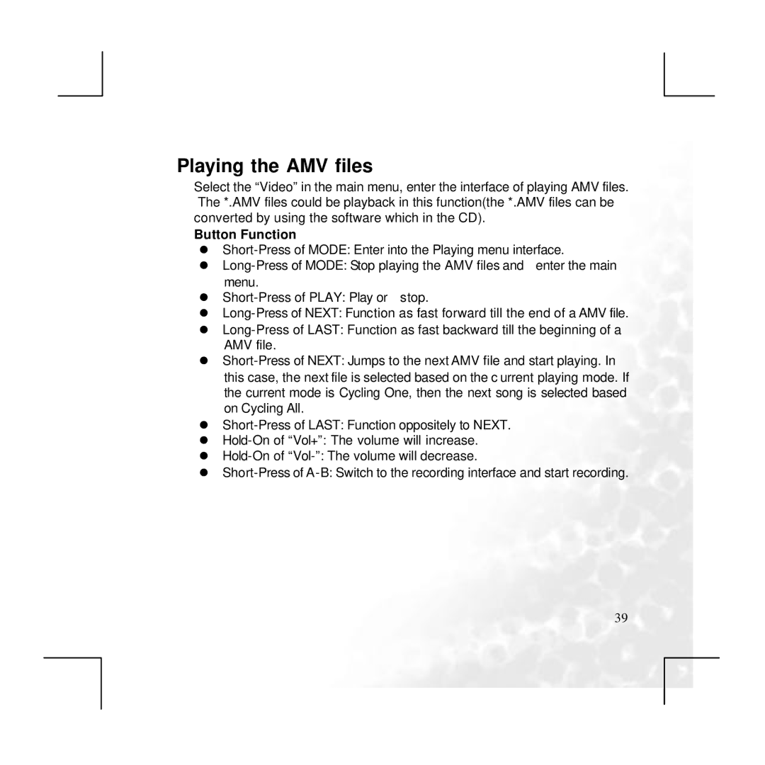 BenQ P330 user manual Playing the AMV files, Button Function 