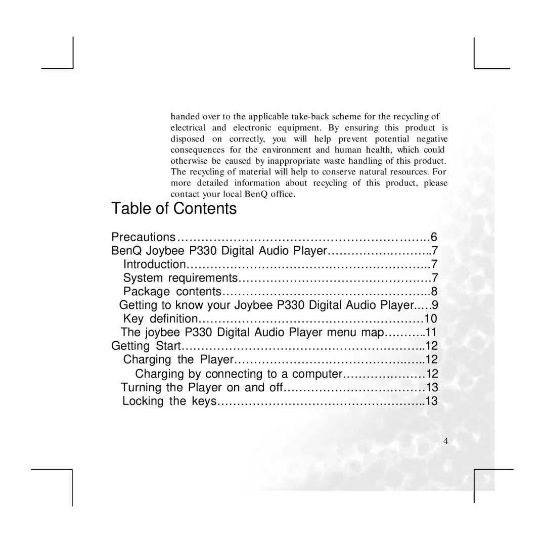 BenQ P330 user manual Table of Contents 