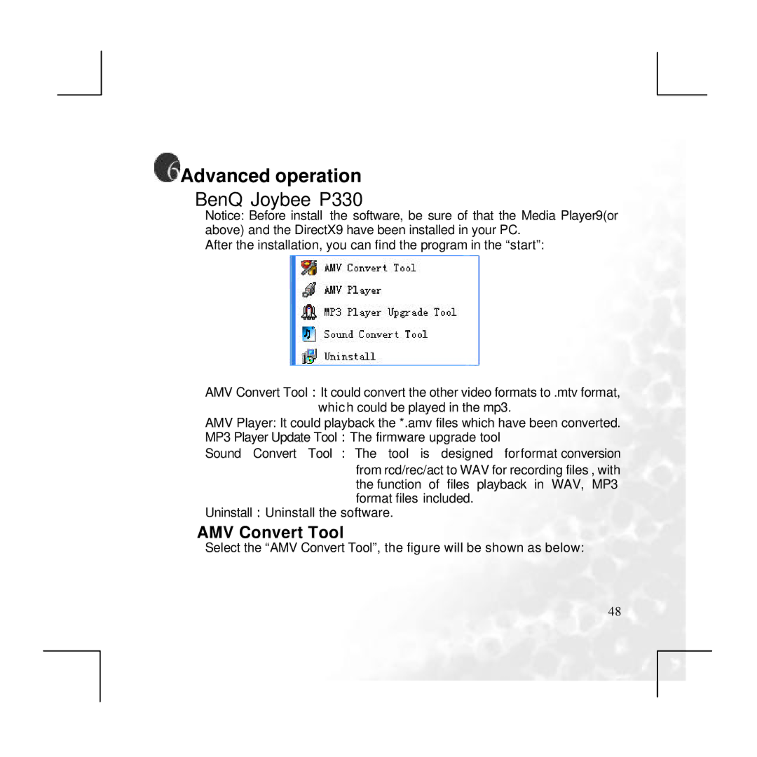 BenQ P330 user manual Advanced operation, AMV Convert Tool 