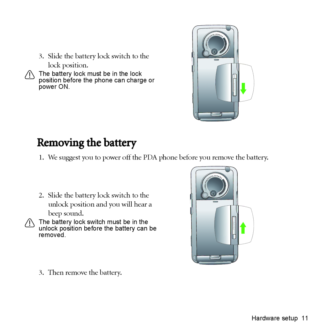 BenQ P51 manual Removing the battery, Slide the battery lock switch to the lock position, Then remove the battery 